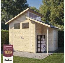 Drevená záhradná búda s dvojkrídlovými dverami, oknami a regálom na drevo