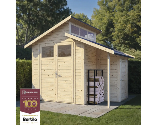 Drevená záhradná búda s dvojkrídlovými dverami, oknami a regálom na drevo