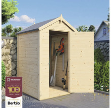 Drevená záhradná búda s otvorenými dverami a záhradným náradím vnútri