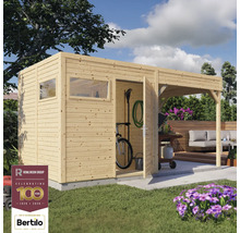 Záhradná búda s prístreškom na uskladnenie záhradného náradia a bicyklov