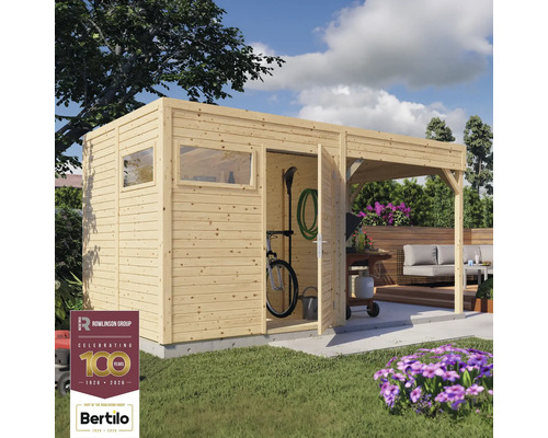 Záhradná búda s prístreškom na uskladnenie záhradného náradia a bicyklov