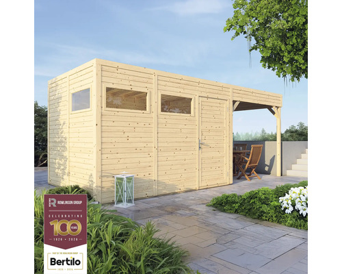 Drevený záhradný domček Bertilo Cubo 3 prírodný 558x234 cm Drevený záhradný domček s oknami a krytou terasou so záhradným nábytkom