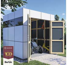 Moderný záhradný domček s otvorenými drevenými dverami, interiér so štvorkolkou a záhradným náradím, Rowlinson Group Logo