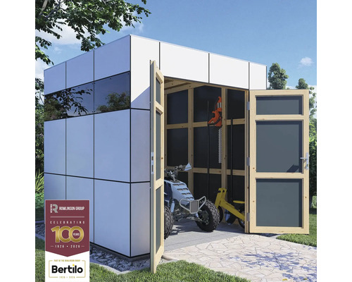 Moderný záhradný domček s otvorenými drevenými dverami, interiér so štvorkolkou a záhradným náradím, Rowlinson Group Logo