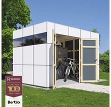 Moderný záhradný domček s bicyklami a policami