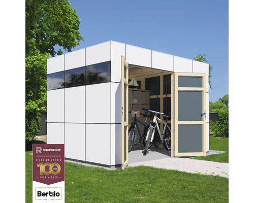 Drevený záhradný domček Bertilo Design HPL 2 antracit/biely 345x228 cm Moderný záhradný domček s bicyklami a policami