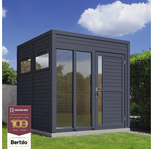 Moderný záhradný domček s drevenými oknami a dverami