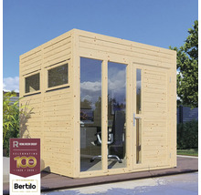 Záhradná kancelária z dreva s oknami a dverami a logom Rowlinson Group a logom Bertilo.