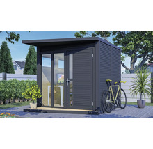 Moderný záhradný domček s oknom, dverami a bicyklom na boku