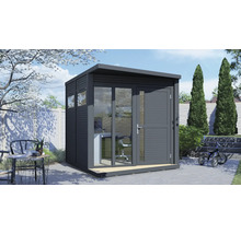 Moderný záhradný domček s kancelárskym nábytkom a sklenenými dverami