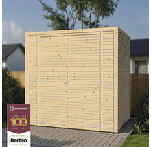 Drevený záhradný domček s dvojkrídlovými dverami vo vonkajšom prostredí