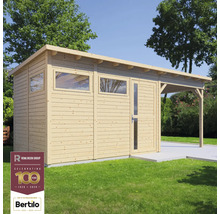 Drevený záhradný domček s oknami a prístreškom