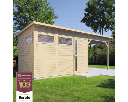 Drevený záhradný domček s oknami a prístreškom