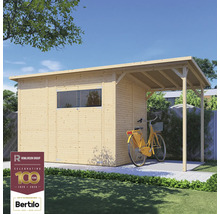 Drevený záhradný domček so strieškou a bicyklom