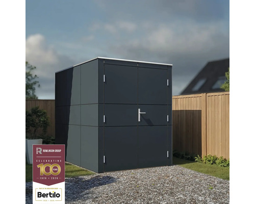 Drevený záhradný domček Bertilo HPL Design Bike Port 155 x 229 cm antracit Záhradná skriňa s dvojkrídlovými dverami na štrkovej ceste