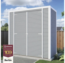 Záhradná skriňa s dvojkrídlovými dverami a vodorovnou drevenou štruktúrou