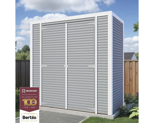 Záhradná skriňa s dvojkrídlovými dverami a vodorovnou drevenou štruktúrou