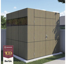 Záhradná búda s oknami a dverami z drevených panelov