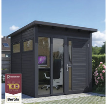 Moderný záhradný domček so sklenenou prednou stranou a kancelárskym vybavením.