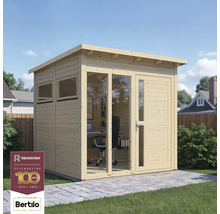 Drevená záhradná kancelária s oknami a dverami na terase