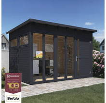 Moderná záhradná kancelária s dreveným obkladom, veľkými sklenenými oknami a kancelárskym nábytkom