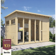 Záhradný domček z dreva s oknami a sklenenými dverami a logom Rowlinson Group