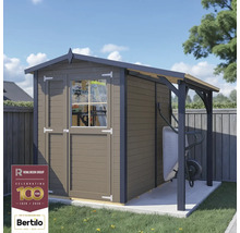 Drevený záhradný domček so strieškou a fúrikom