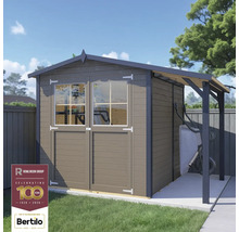 Záhradný domček s dvojkrídlovými dverami, oknami a prístreškom