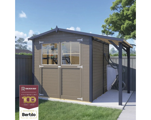 Záhradný domček s dvojkrídlovými dverami, oknami a prístreškom