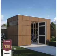 Moderný drevený záhradný domček s otvorenými dverami a bicyklom vnútri