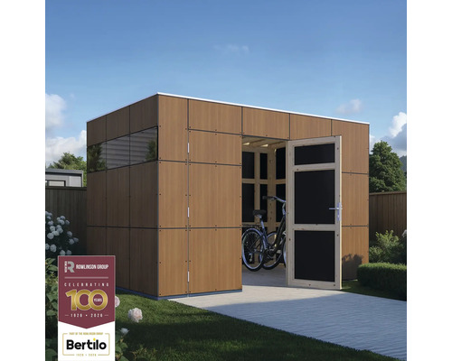 Záhradný prístrešok Bertilo Trespa HPL Design 2 345x236 cm orech Moderný drevený záhradný domček s otvorenými dverami a bicyklom vnútri