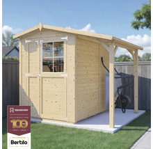 Drevený záhradný domček s prístreškom a kolieskom