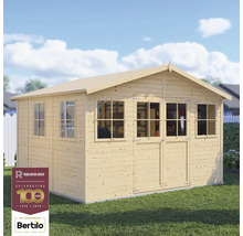 Drevený záhradný domček s oknami a dvojkrídlovými dverami