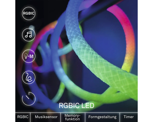 Flexibilný RGBIC LED svetelný had s hudobným senzorom, pamäťovou funkciou, tvarovaním a časovačom.