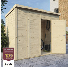 Drevená záhradná búda s otvorenými dverami