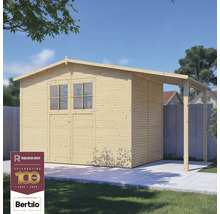 Drevený záhradný domček s dvojkrídlovými dverami, oknami a markízou