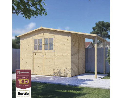 Drevený záhradný domček s dvojkrídlovými dverami, oknami a markízou