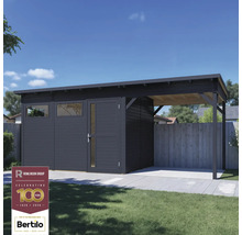 Moderný záhradný domček s prístreškom pre auto a logom Rowlinson Group.