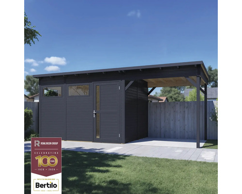 Moderný záhradný domček s prístreškom pre auto a logom Rowlinson Group.