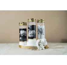 Tri cintorínske sviečky s rôznymi motívmi a figúrkou anjela