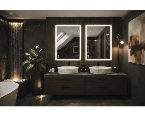 Moderná kúpeľňa s dvojitým umývadlom, osvetlenými zrkadlami a dekoratívnymi prvkami