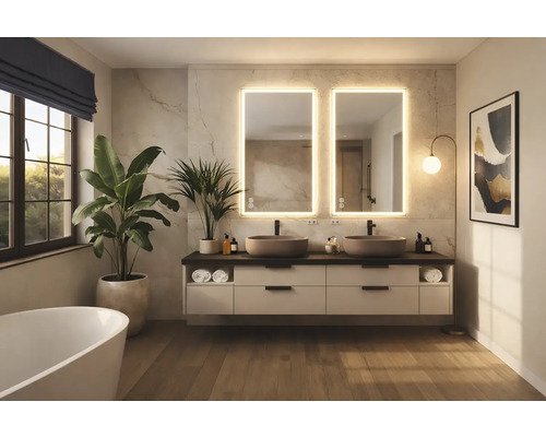 Svetlá kúpeľňa s dvojitým umývadlom, osvetlenými zrkadlami, vaňou a rastlinami pre priateľskú atmosféru