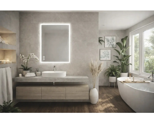 Svetlá kúpeľňa s umývadlom, osvetleným zrkadlom a vaňou