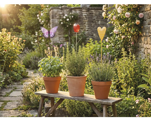 Tri bylinkové kvetináče s kolíkmi v tvare motýľa, tulipánu a srdca na drevenej lavičke v záhrade.