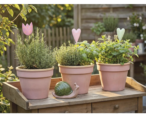 Tri kvetináče s bylinkami a dekoráciami na drevenom stole