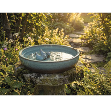 Napájadlo pre vtáky s vtáčou figúrkou a vrabcom v záhrade