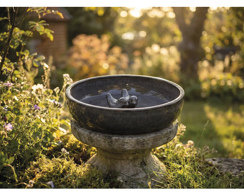 Keramické pitítko pre vtáky s vtáčími motívmi v záhrade