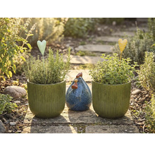 Záhradné zátišie s vysadenými kvetináčmi, kolíky v tvare srdca a ozdobnou sliepkou na kamennej ceste