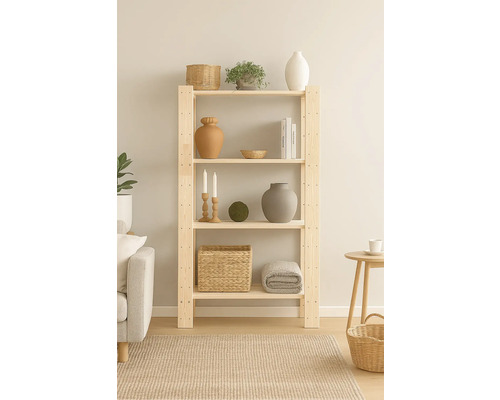 Drevená polica so štyrmi úrovňami a dekoráciami v obývacej izbe