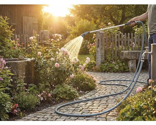 Osoba zavlažuje ruže záhradnou hadicou na dláždenej ceste.